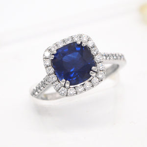 Platinum 3.27ct Cushion Sapphire Diamond Halo Engagement Ring