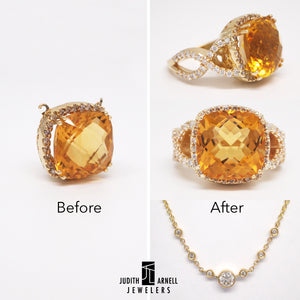 A citrine necklace custom designed into a citrine and diamond ring and diamond necklace