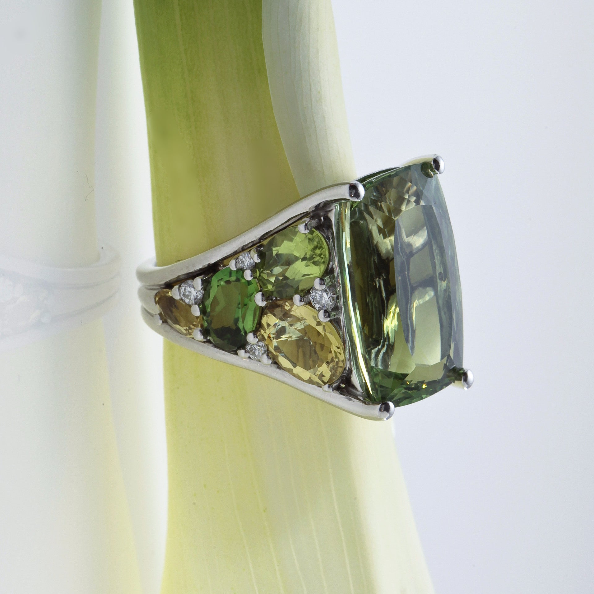 18K White Gold Beryl, Tourmaline, Peridot, And Diamond Ring